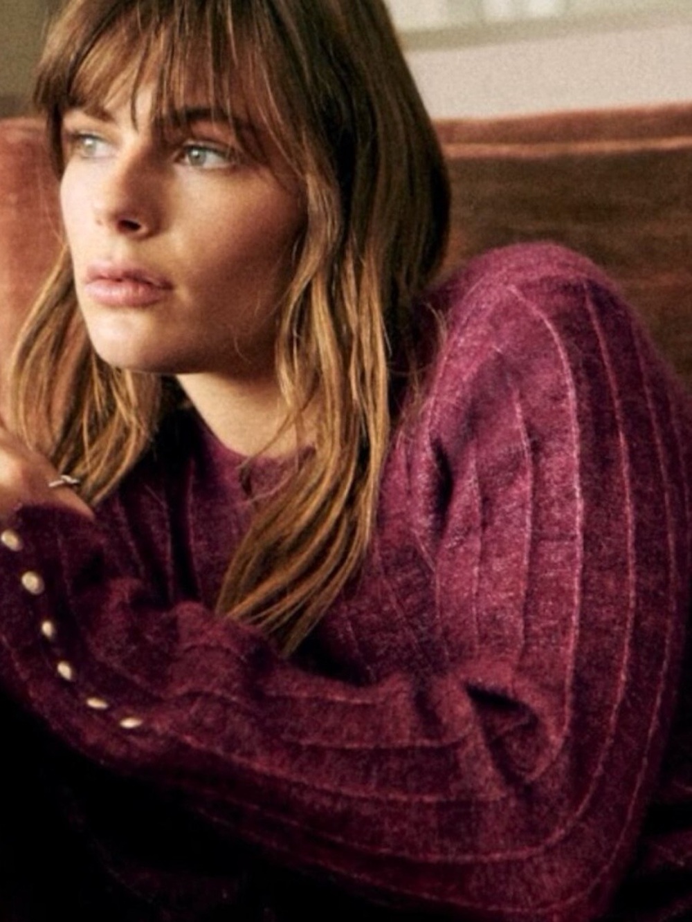 Sezane Joyce Jumper Sweater Merino Wool Mohair Gold Buttons in Grape Purple XS - Picture 2 of 12